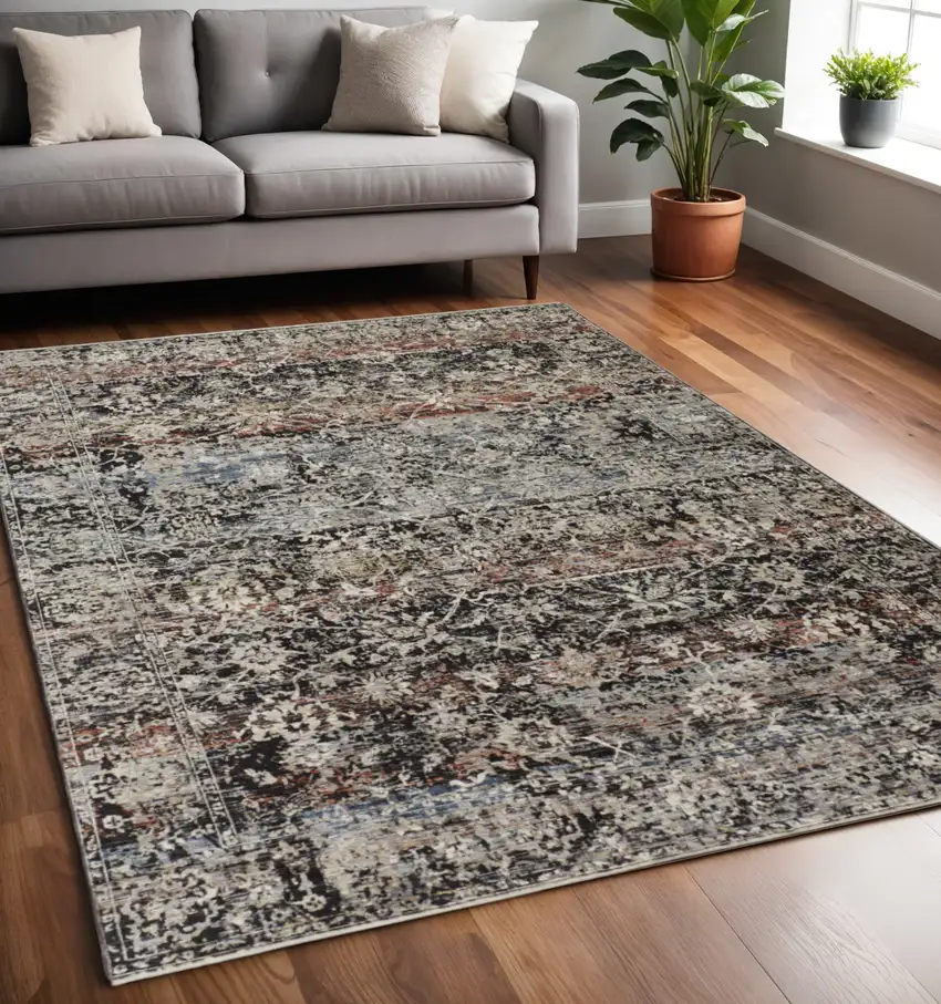 Gray and Black Abstract Distressed Area Rug With Fringe Photo 1