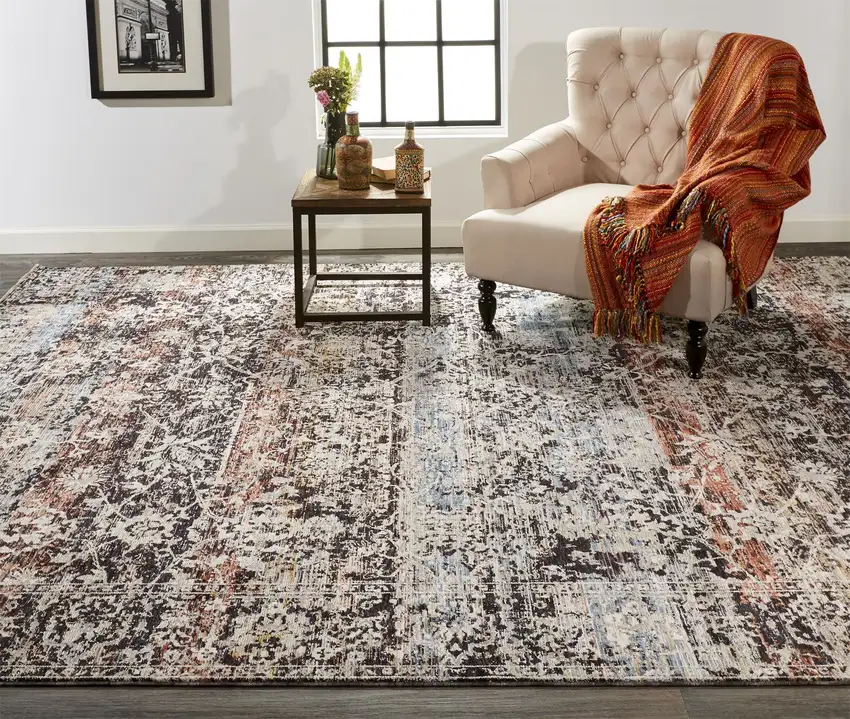Gray Black And Red Abstract Distressed Area Rug With Fringe Photo 7