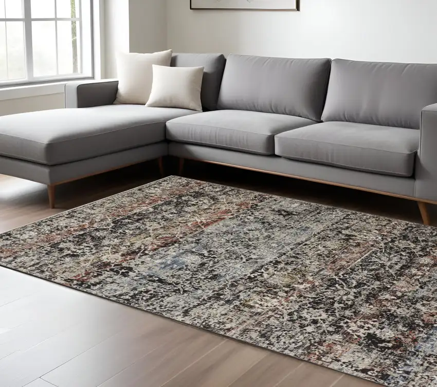 Gray and Black Abstract Distressed Area Rug With Fringe Photo 1
