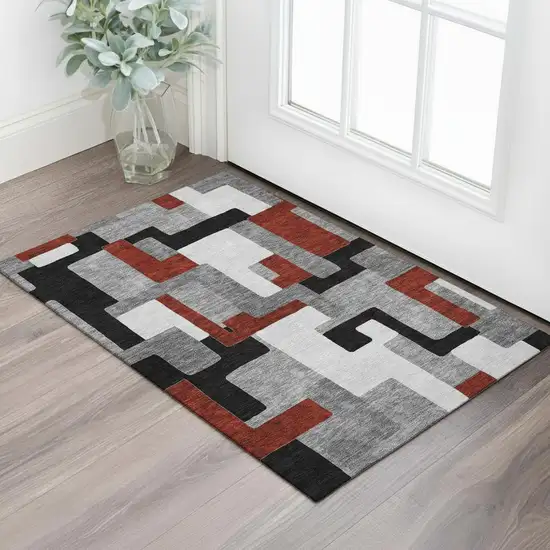 Gray Black And Red Geometric Washable Area Rug With UV Protection Photo 1