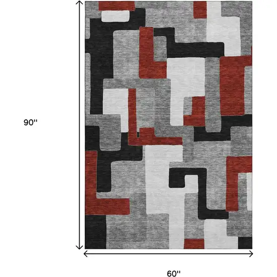 Gray Black And Red Geometric Washable Area Rug With UV Protection Photo 8