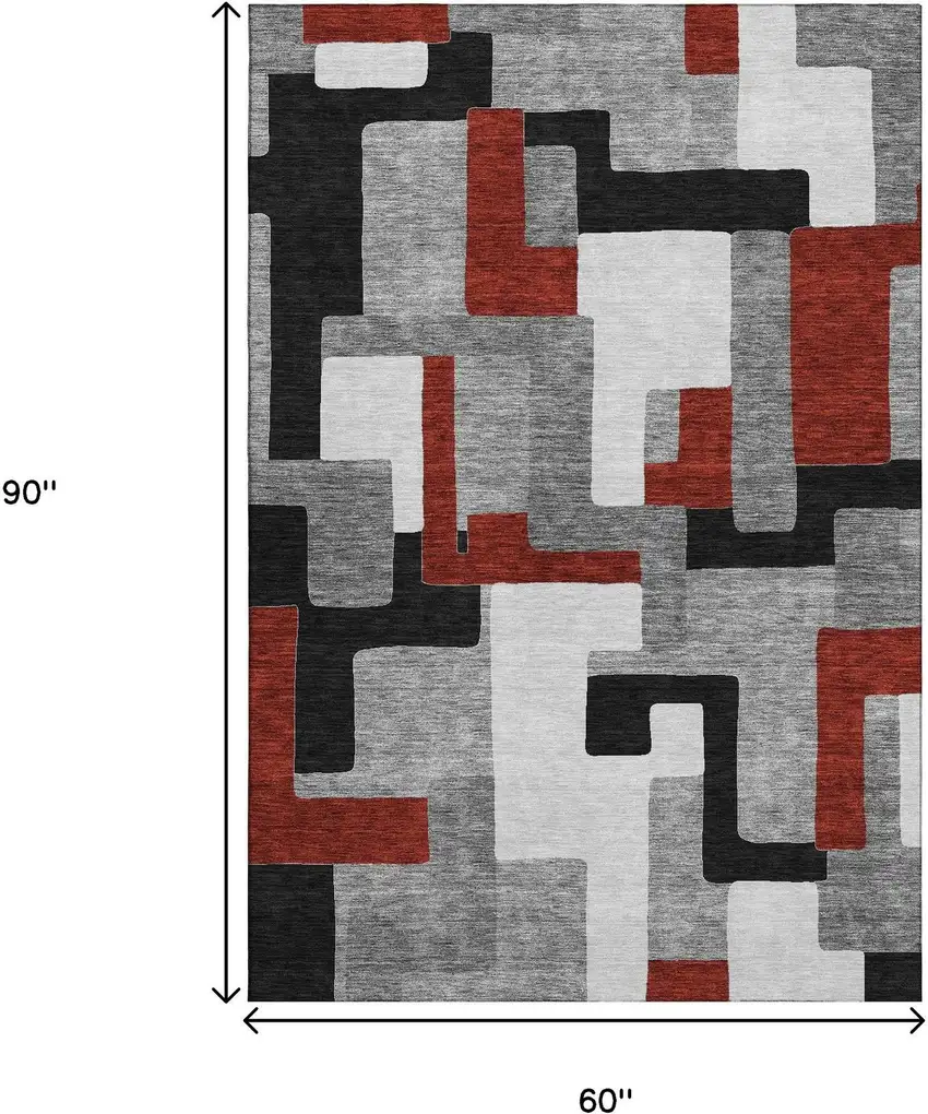 Gray Black And Red Geometric Washable Area Rug With UV Protection Photo 8