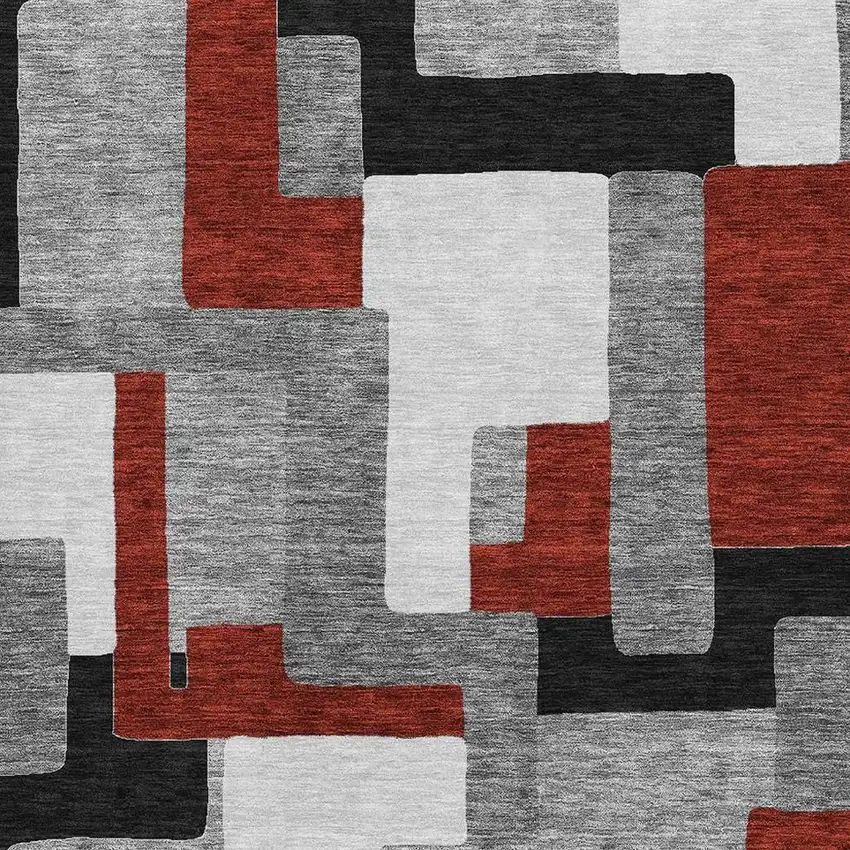 Gray Black And Red Geometric Washable Area Rug With UV Protection Photo 2