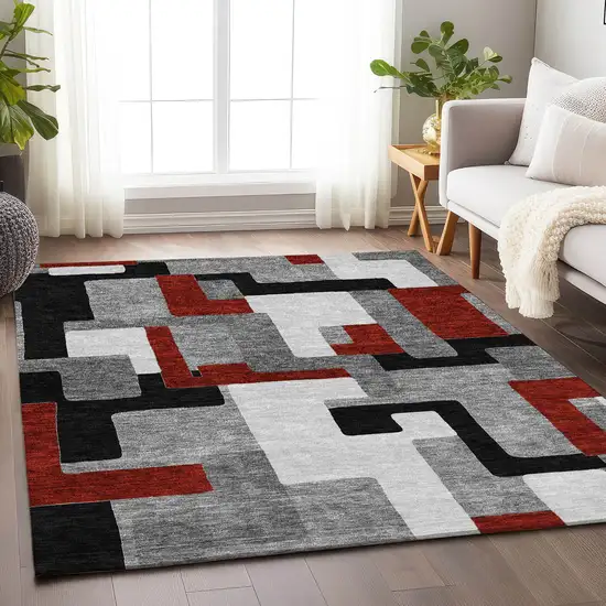 Gray Black And Red Geometric Washable Area Rug With UV Protection Photo 4
