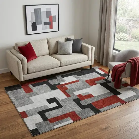 Gray Black And Red Geometric Washable Area Rug With UV Protection Photo 1
