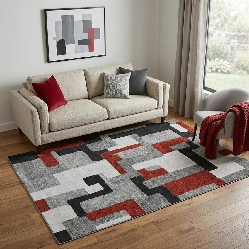 Gray Black And Red Geometric Washable Area Rug With UV Protection Photo 1