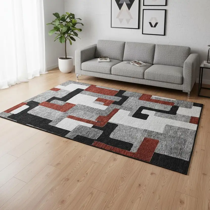 Gray Black And Red Geometric Washable Area Rug With UV Protection Photo 2