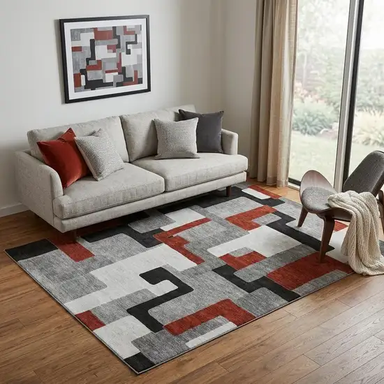 Gray Black And Red Geometric Washable Area Rug With UV Protection Photo 1
