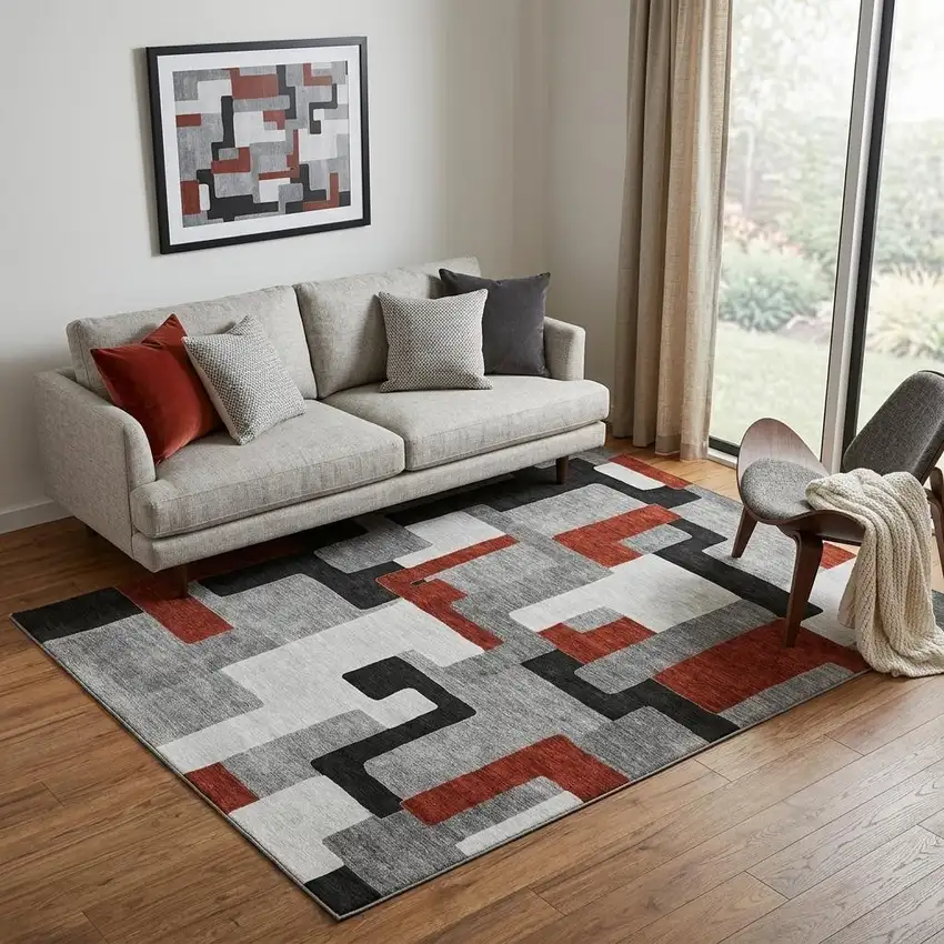 Gray Black And Red Geometric Washable Area Rug With UV Protection Photo 1