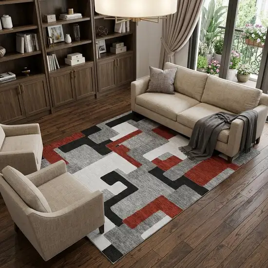 Gray Black And Red Geometric Washable Area Rug With UV Protection Photo 1