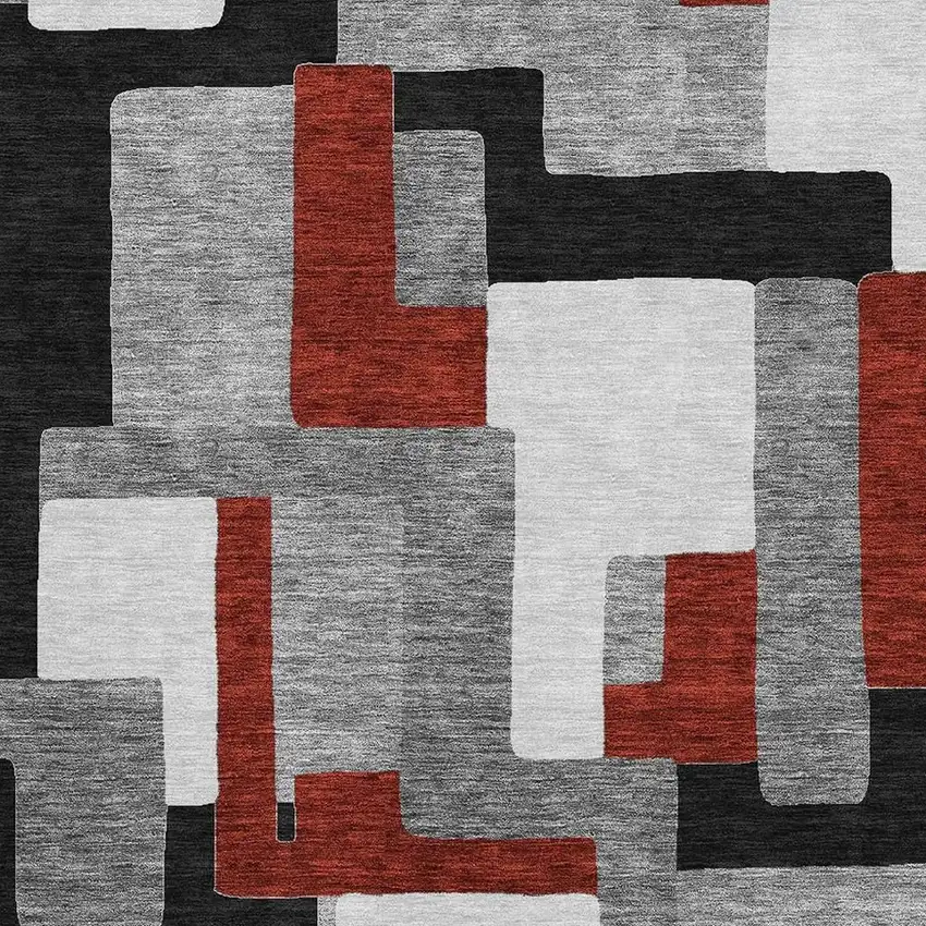 Gray Black And Red Geometric Washable Area Rug With UV Protection Photo 2