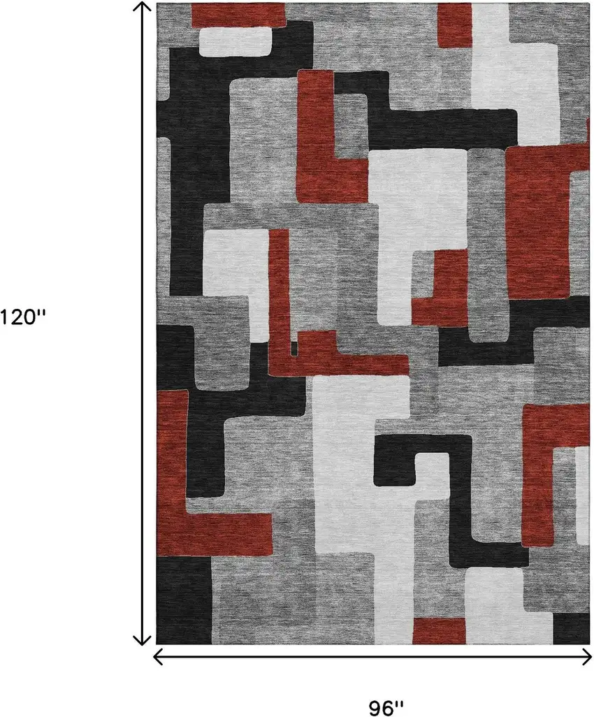 Gray Black And Red Geometric Washable Area Rug With UV Protection Photo 8
