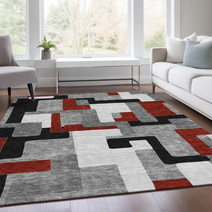 Gray Black And Red Geometric Washable Area Rug With UV Protection Photo 5