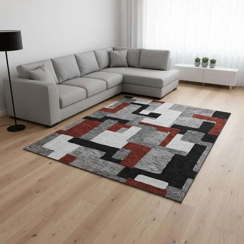Gray Black And Red Geometric Washable Area Rug With UV Protection Photo 2