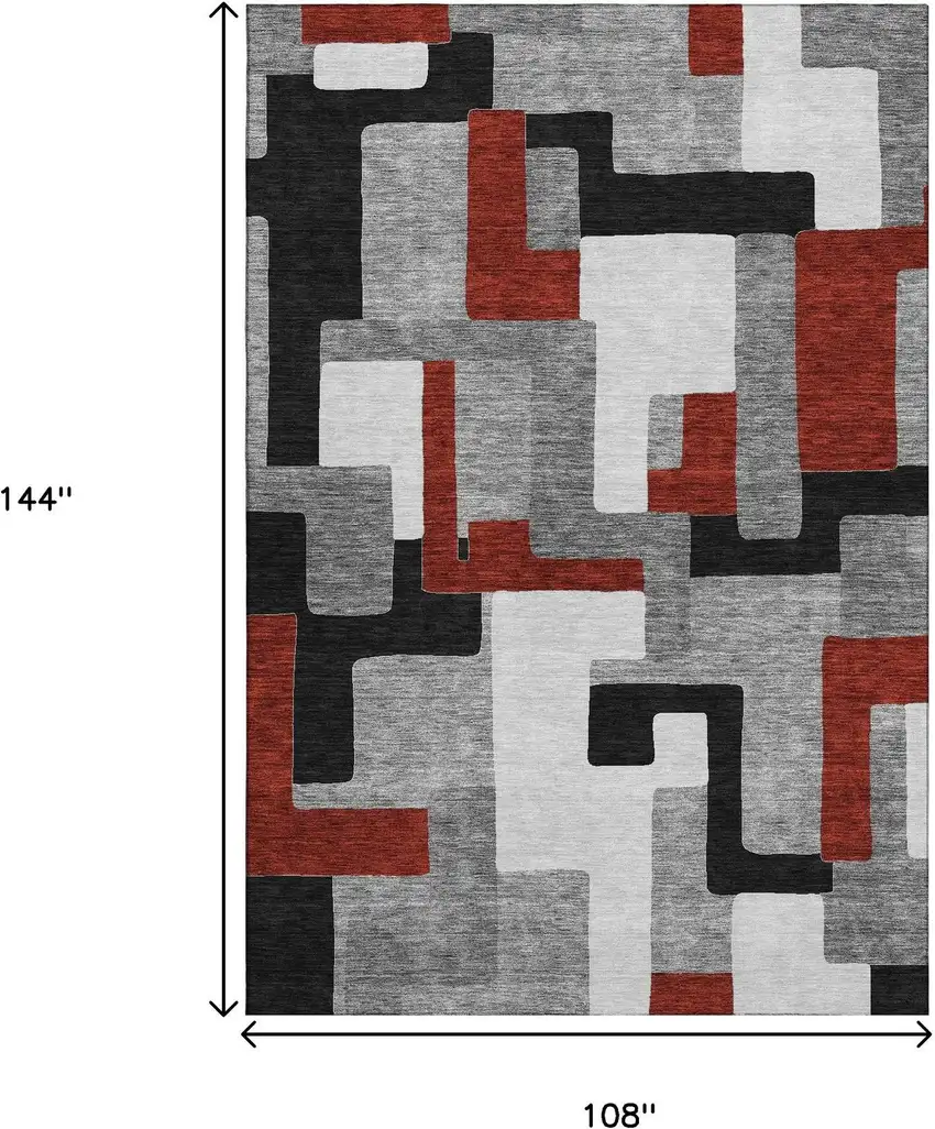 Gray Black And Red Geometric Washable Area Rug With UV Protection Photo 9