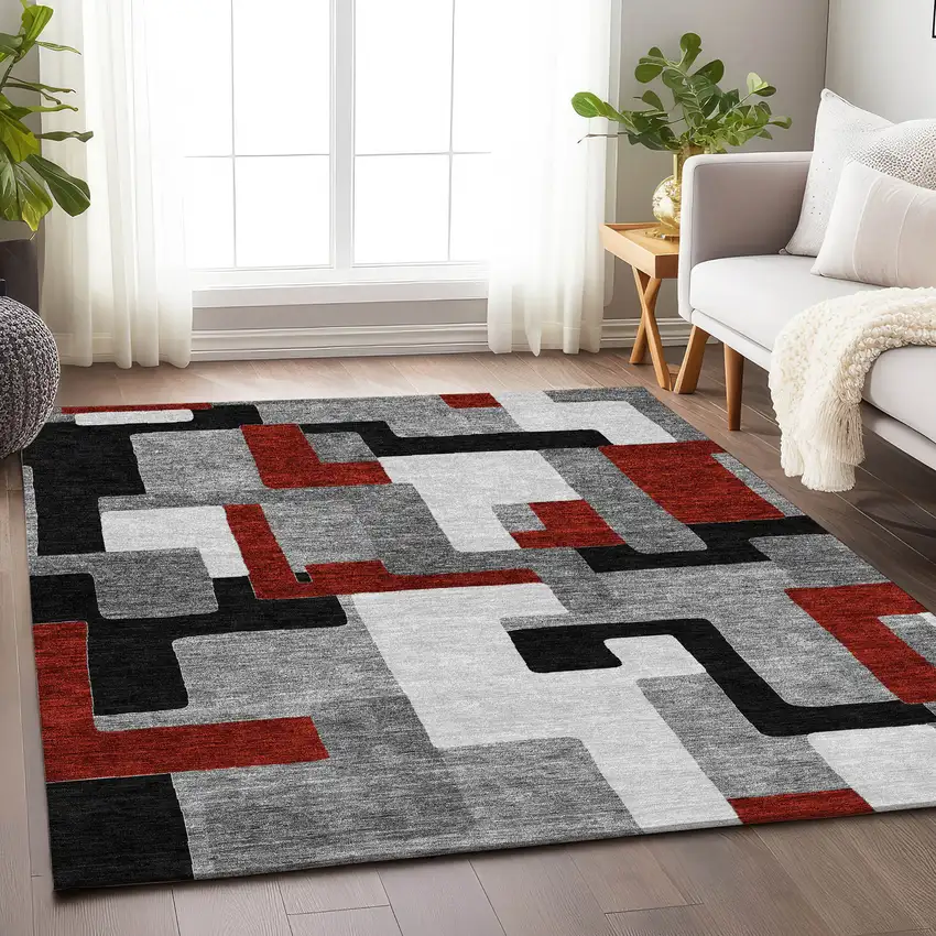 Gray Black And Red Geometric Washable Area Rug With UV Protection Photo 3