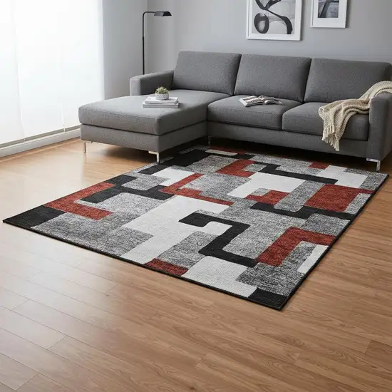 Gray Black And Red Geometric Washable Area Rug With UV Protection Photo 2
