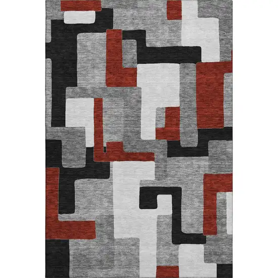 Gray Black And Red Geometric Washable Area Rug With UV Protection Photo 1