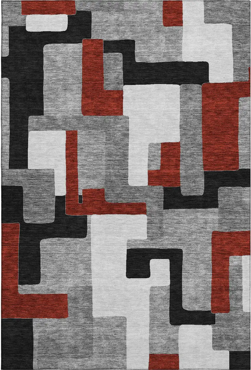 Gray Black And Red Geometric Washable Area Rug With UV Protection Photo 1