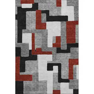 Photo of Gray Black And Red Geometric Washable Area Rug With UV Protection