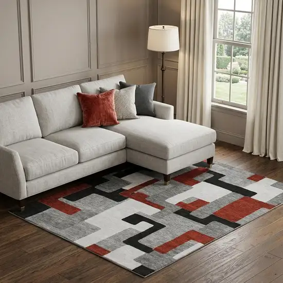 Gray Black And Red Geometric Washable Area Rug With UV Protection Photo 1