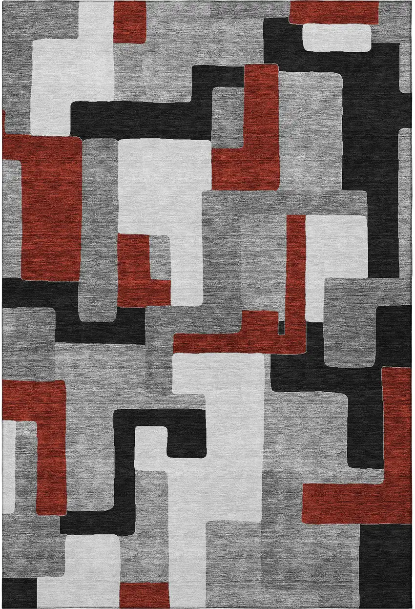 Gray Black And Red Geometric Washable Area Rug With UV Protection Photo 2
