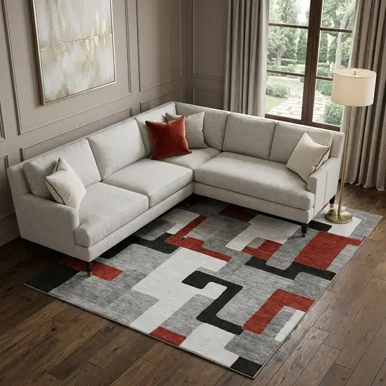 Gray Black And Red Geometric Washable Area Rug With UV Protection Photo 1