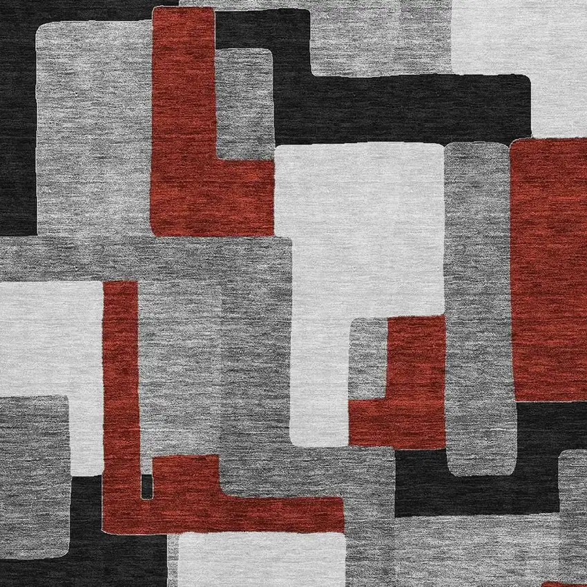 Gray Black And Red Geometric Washable Area Rug With UV Protection Photo 2