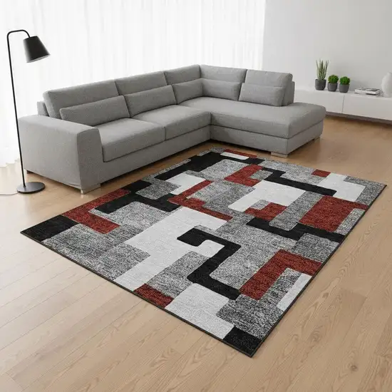 Gray Black And Red Geometric Washable Area Rug With UV Protection Photo 2