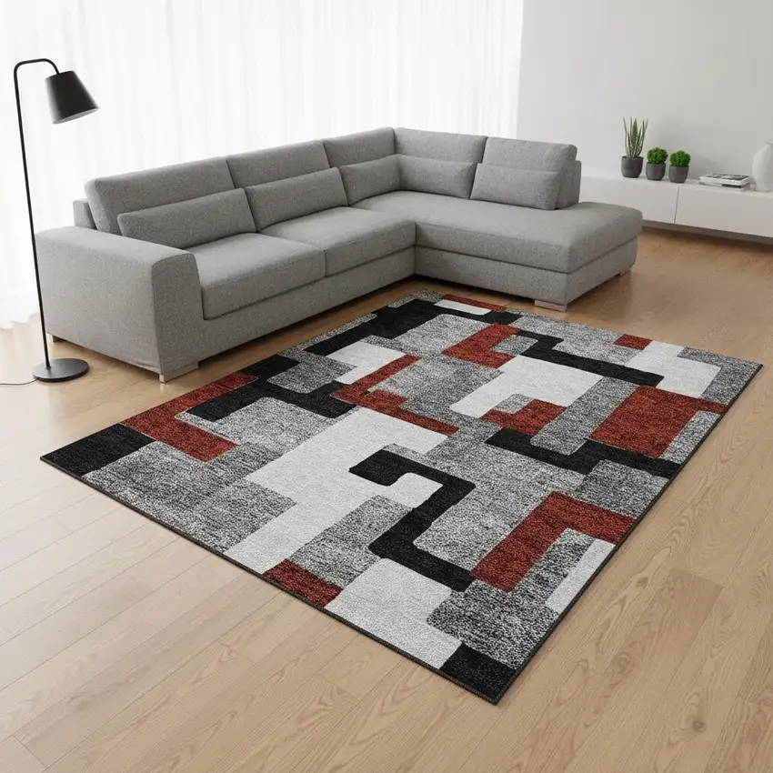 Gray Black And Red Geometric Washable Area Rug With UV Protection Photo 2