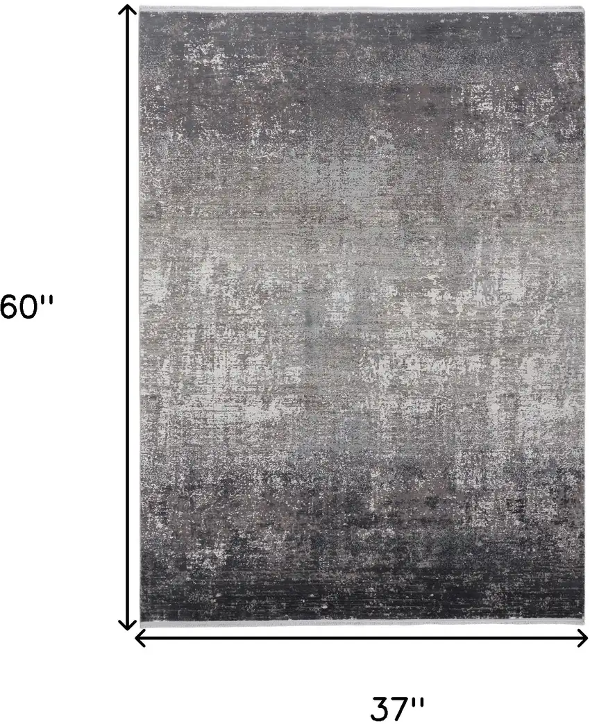 Gray Black And Silver Abstract Power Loom Distressed Area Rug With Fringe Photo 10