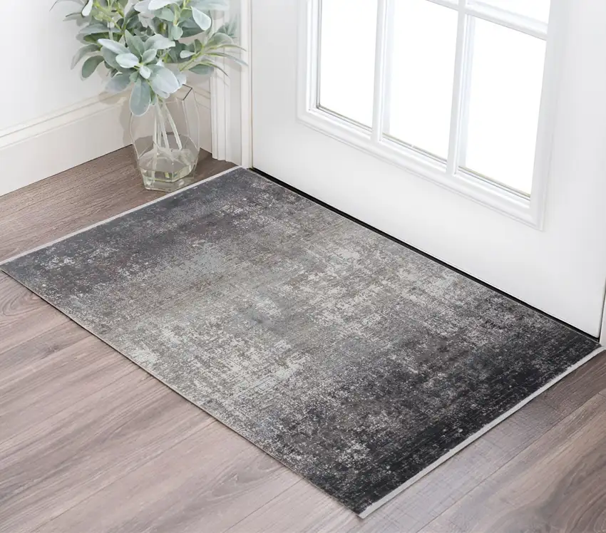 Gray and Black Abstract Power Loom Distressed Area Rug With Fringe Photo 1
