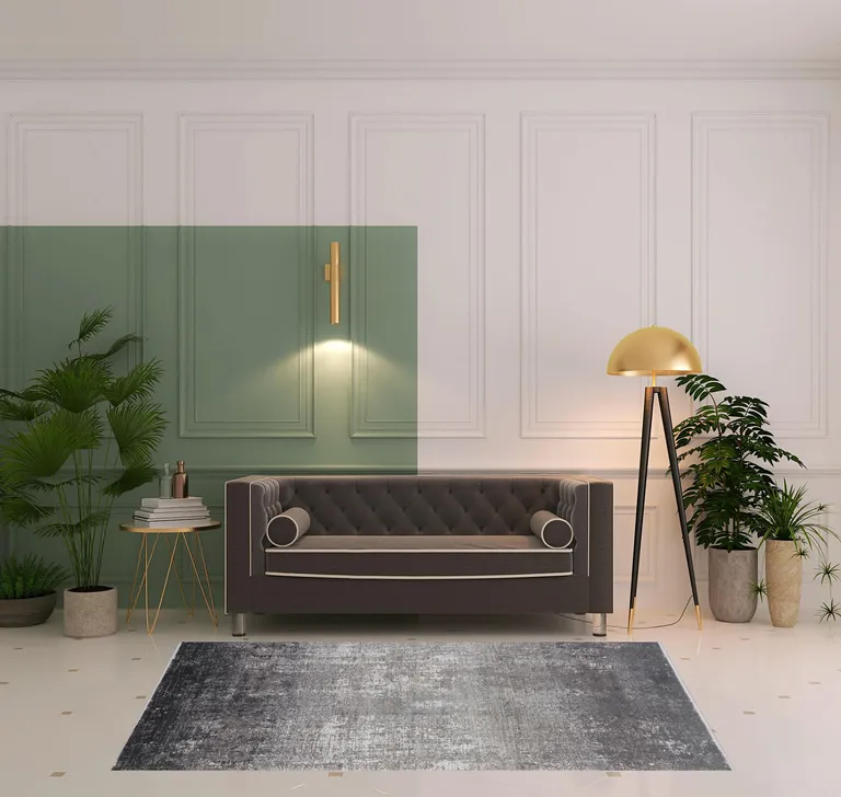 Gray Black And Silver Abstract Power Loom Distressed Area Rug With Fringe Photo 3