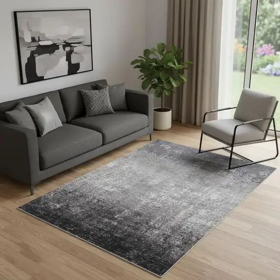 Gray Black And Silver Abstract Power Loom Distressed Area Rug With Fringe Photo 1