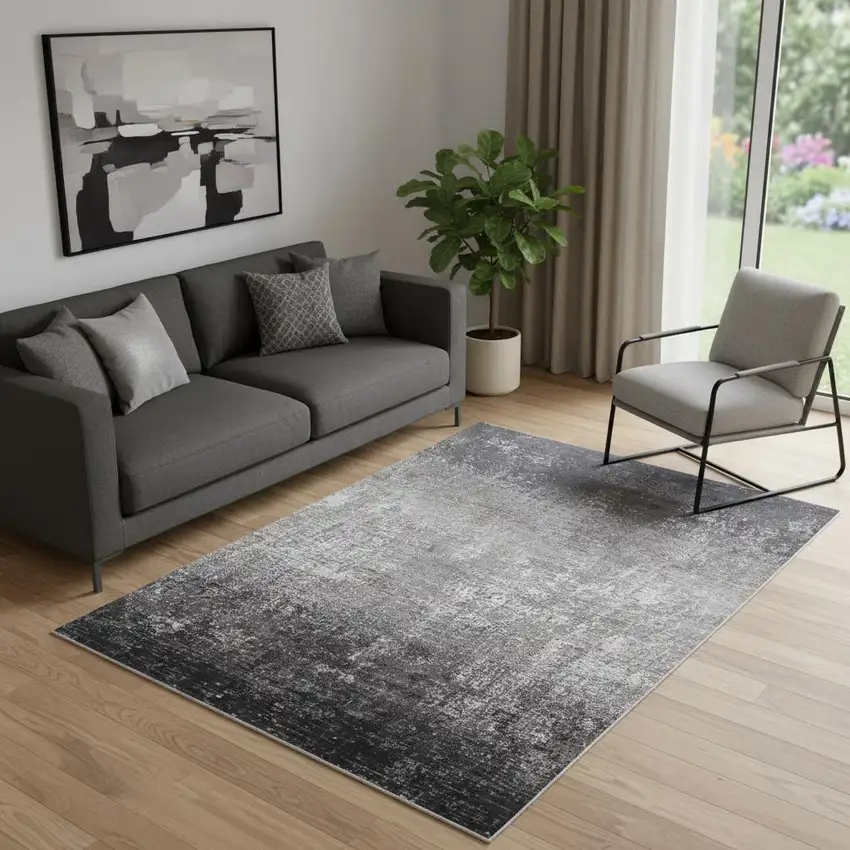 Gray Black And Silver Abstract Power Loom Distressed Area Rug With Fringe Photo 1