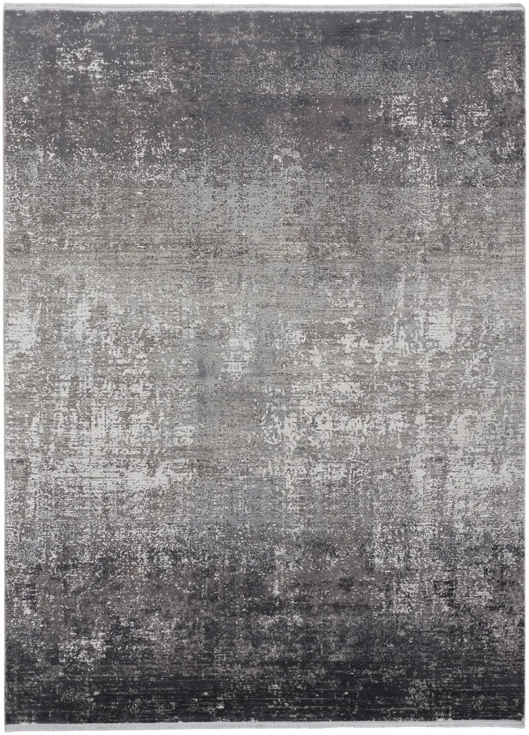 Gray Black And Silver Abstract Power Loom Distressed Area Rug With Fringe Photo 2