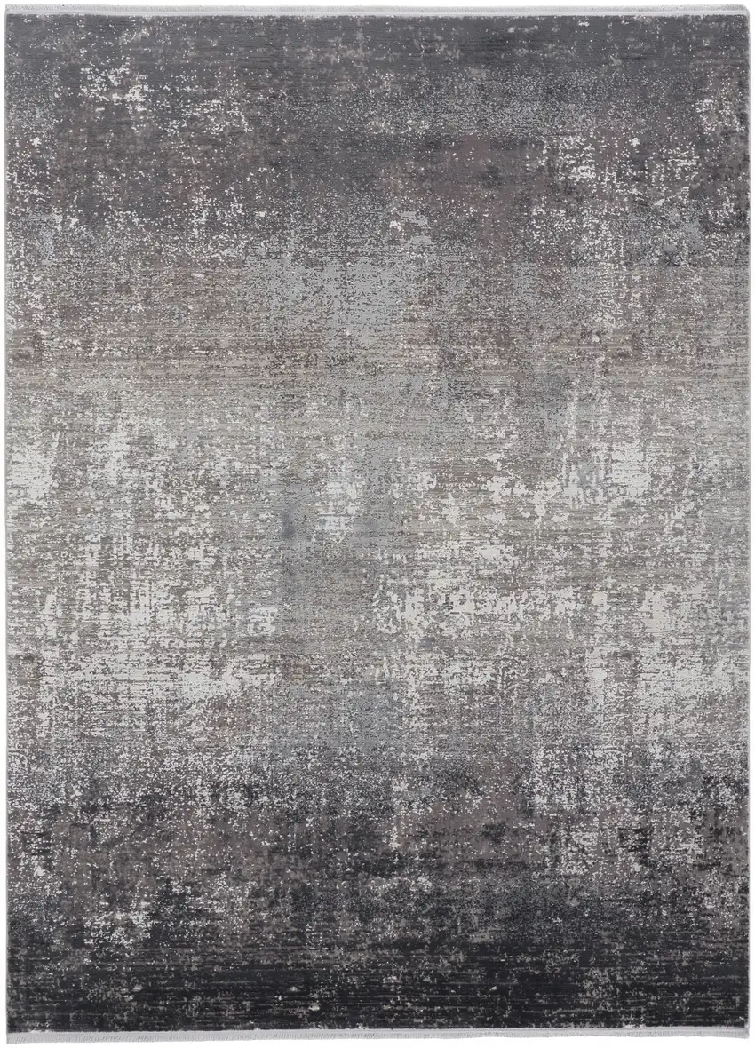 Gray Black And Silver Abstract Power Loom Distressed Area Rug With Fringe Photo 1