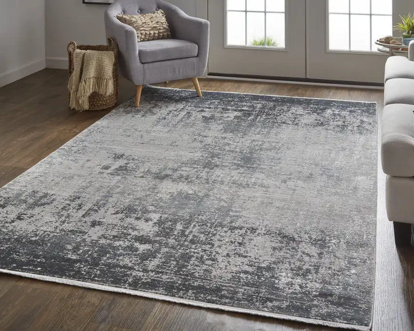 Gray Black And Silver Abstract Power Loom Distressed Area Rug With Fringe Photo 6