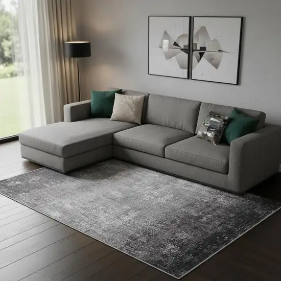 Gray Black And Silver Abstract Power Loom Distressed Area Rug With Fringe Photo 1