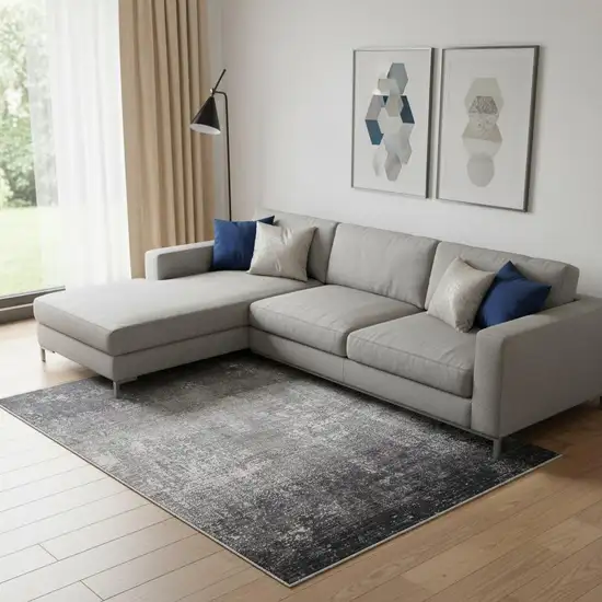 Gray Black And Silver Abstract Power Loom Distressed Area Rug With Fringe Photo 1