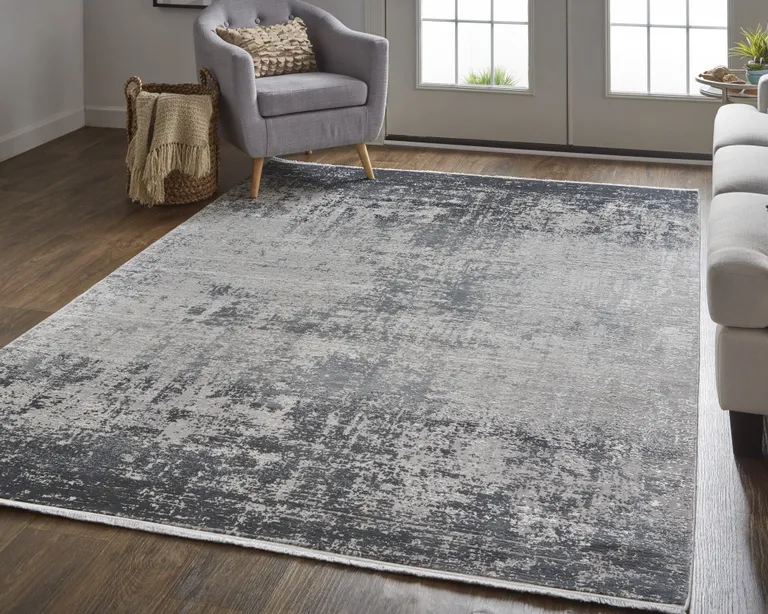 Gray Black And Silver Abstract Power Loom Distressed Area Rug With Fringe Photo 5
