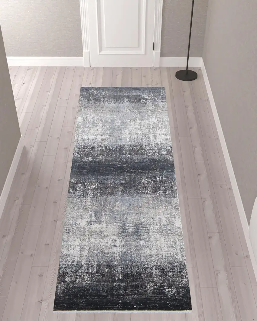 Gray Black And Silver Abstract Power Loom Distressed Runner Rug With Fringe Photo 2