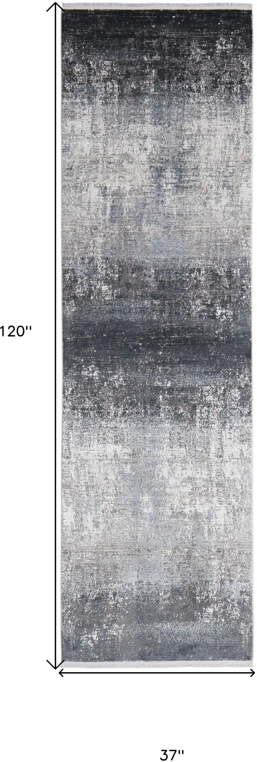 Gray Black And Silver Abstract Power Loom Distressed Runner Rug With Fringe Photo 7