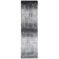Photo of Gray Black And Silver Abstract Power Loom Distressed Runner Rug With Fringe