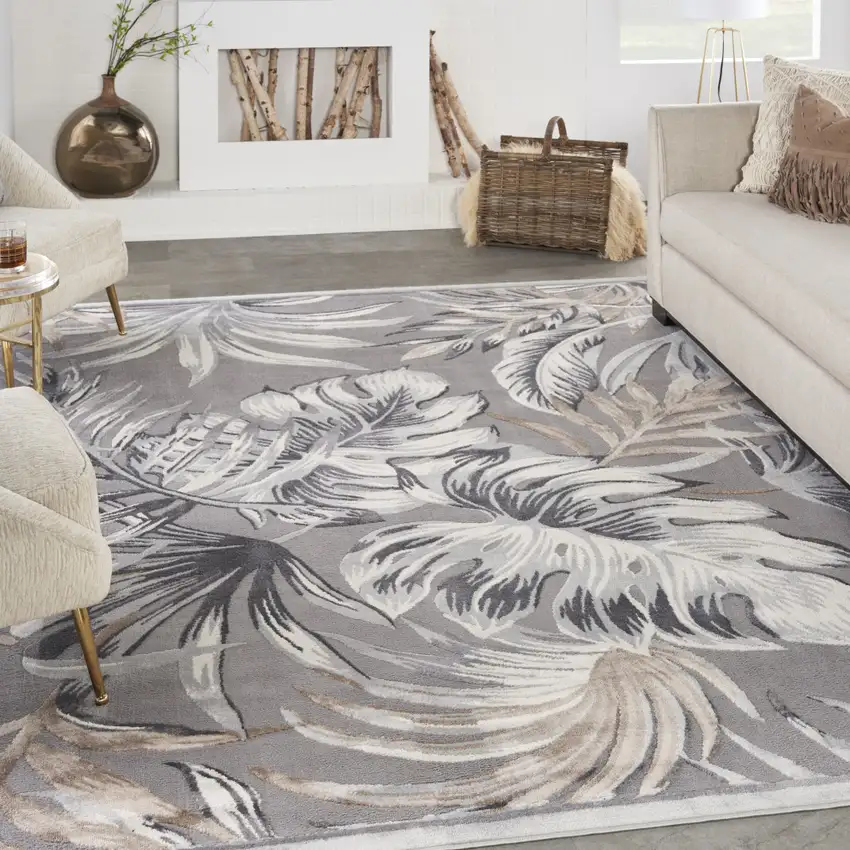 Gray Black And Tan Tropical Floral Area Rug Photo 5