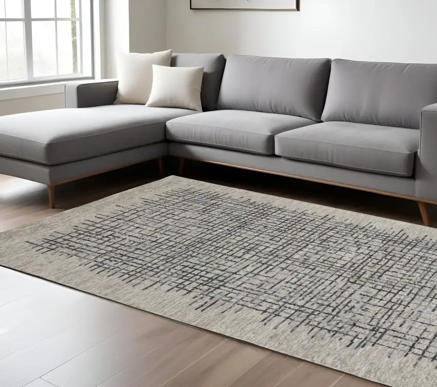 Gray and Black Wool Plaid Hand Tufted Area Rug Photo 1