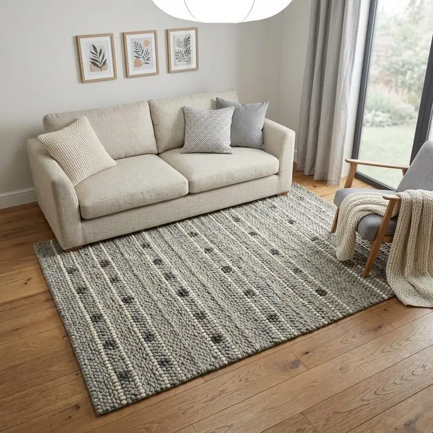 Gray Black And White Wool Striped Hand Woven Area Rug Photo 1