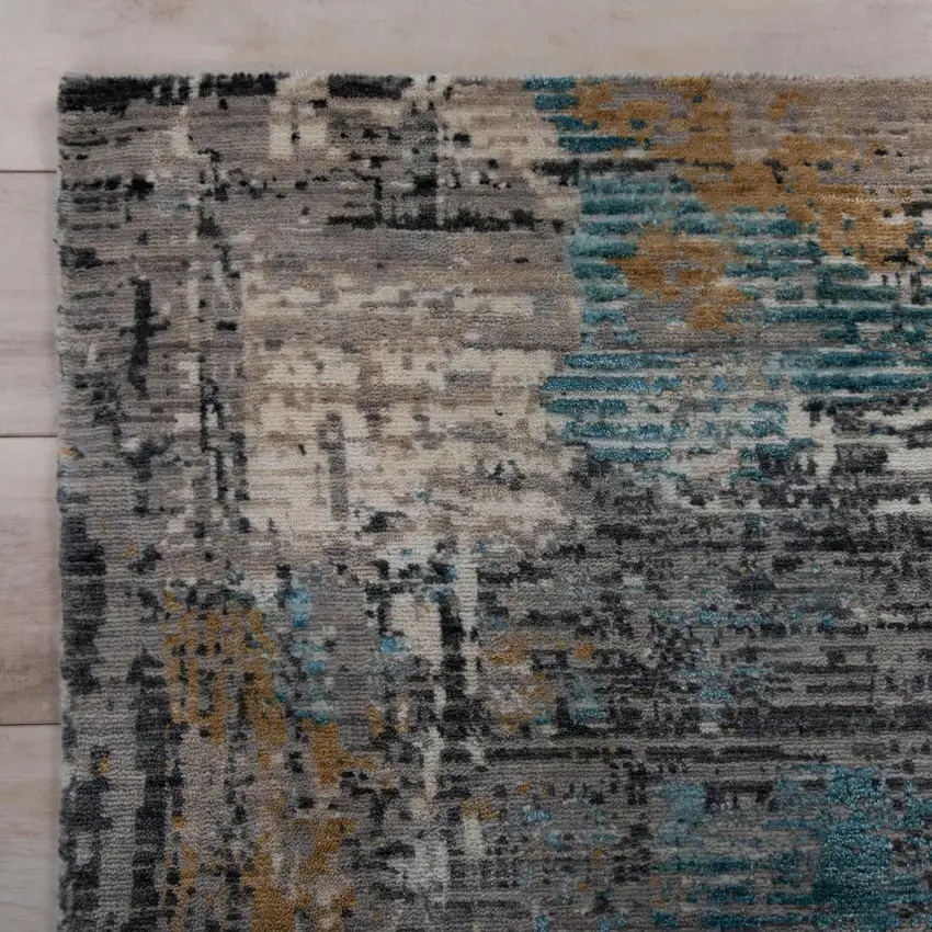 Gray Black Yellow Blue And Ivory New Zealand Lambs Wool Abstract Hand Carved Handmade Area Rug Photo 2