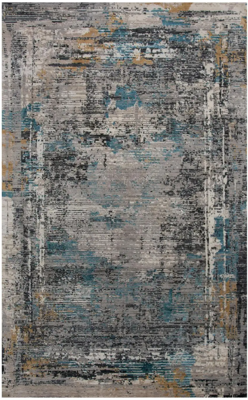 Gray Black Yellow Blue And Ivory New Zealand Lambs Wool Abstract Hand Carved Handmade Area Rug Photo 1