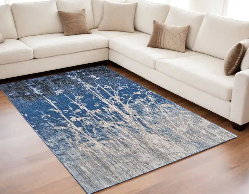 Gray Black and Blue Abstract Power Loom Worn Faded Area Rug Photo 1